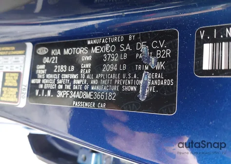 2021 Kia Forte Gt-Line z USA, uszkodzony, nr VIN 3KPF34AD8ME366182